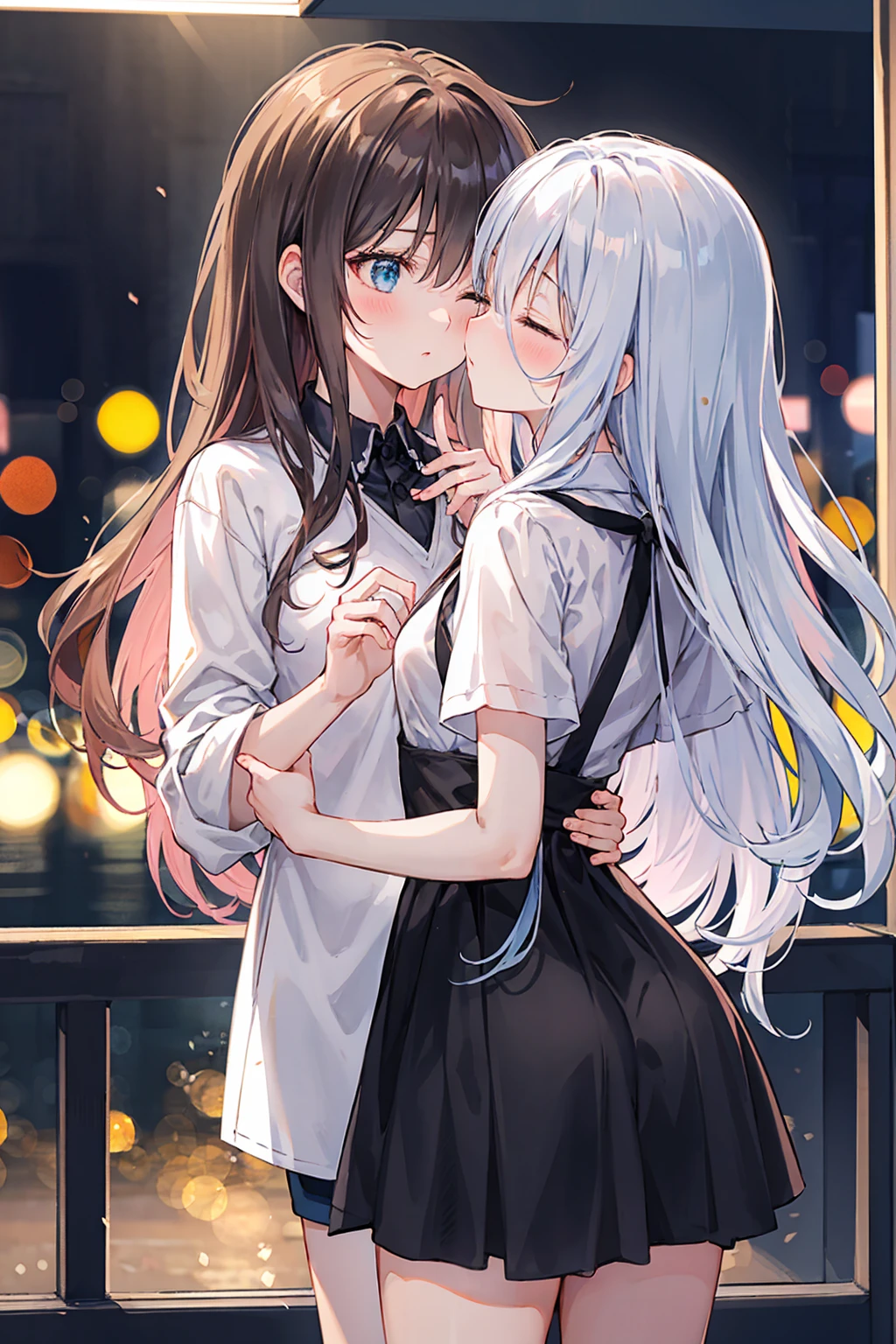 (masterpiece) Attention to detail, masterpiece),(High definition)Couple in their 20ale1名, woman1名、Kissing、Romance、Shiny atmosphere、Glossy appearance、City of night,woman(Brown medium-long hair )Close ~ eyes、Sweet Sigh、male(Black and unkempt hair、Y shirt, shirt)tightly close your eyes、background、The night deepens、dark, womanはショックを受けた, maleが壁に向かって彼女にキスをする, maleが腰を抱く, And his eyes were tightly closed, Romantic environment,((Highest quality)), (Very detailed), (High definitionCG合成8K壁紙), 高いly detailed, 高い-definition raw color photos, Professional photography, (((Bokeh))), Written boundary depth,Bust Shot