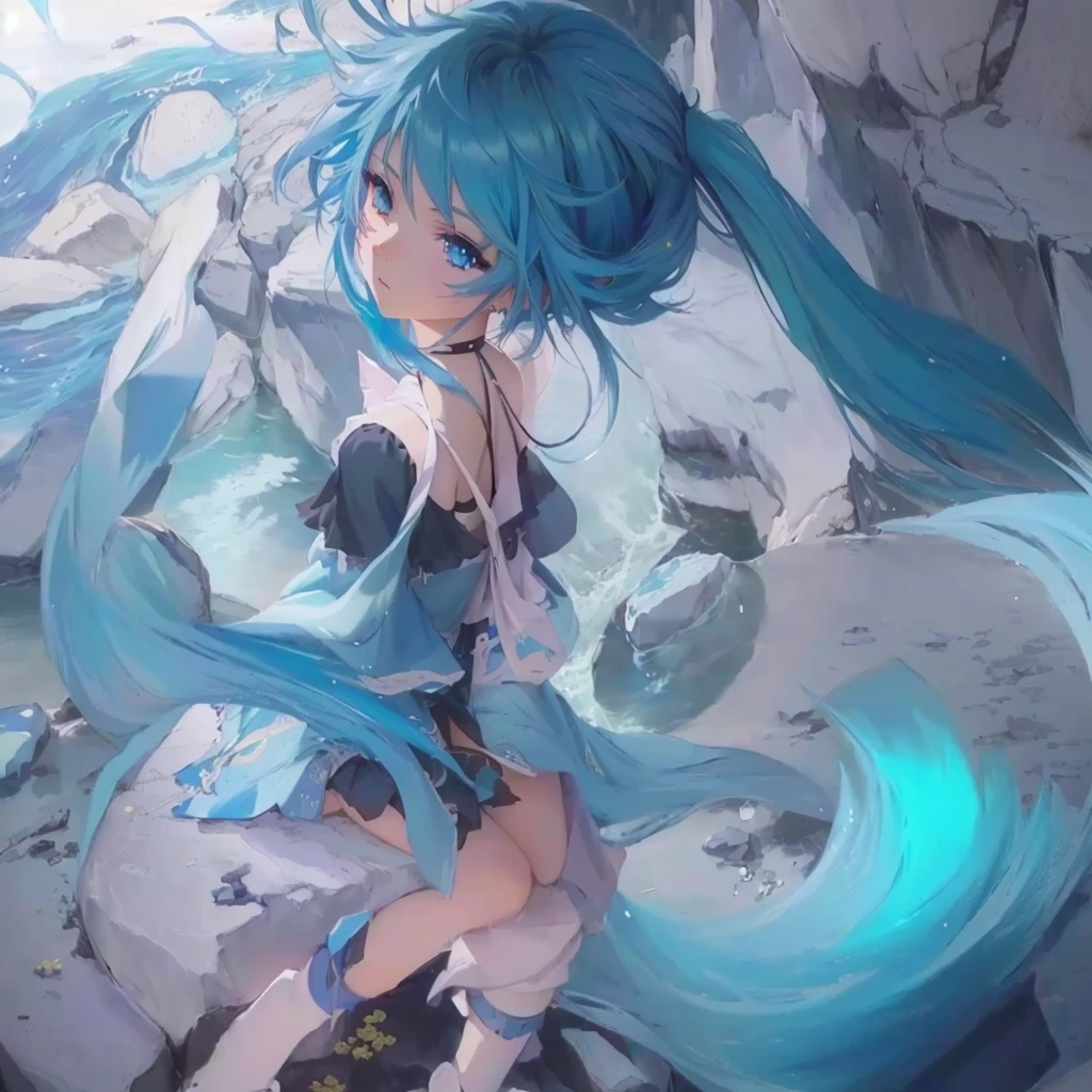 Anime girl with blue hair and blue eyes sitting on a rock, anime art wallpaper 4k, anime art wallpaper 4k, Anime Style 4k, Anime Art Wallpapers 8K, Digital art on Pixiv, 4k anime wallpaper, High-resolution anime art, Beautiful anime artwork, Ultra HD Anime Wallpaper, Miku, anime wallpaper 4k, anime wallpaper 4k