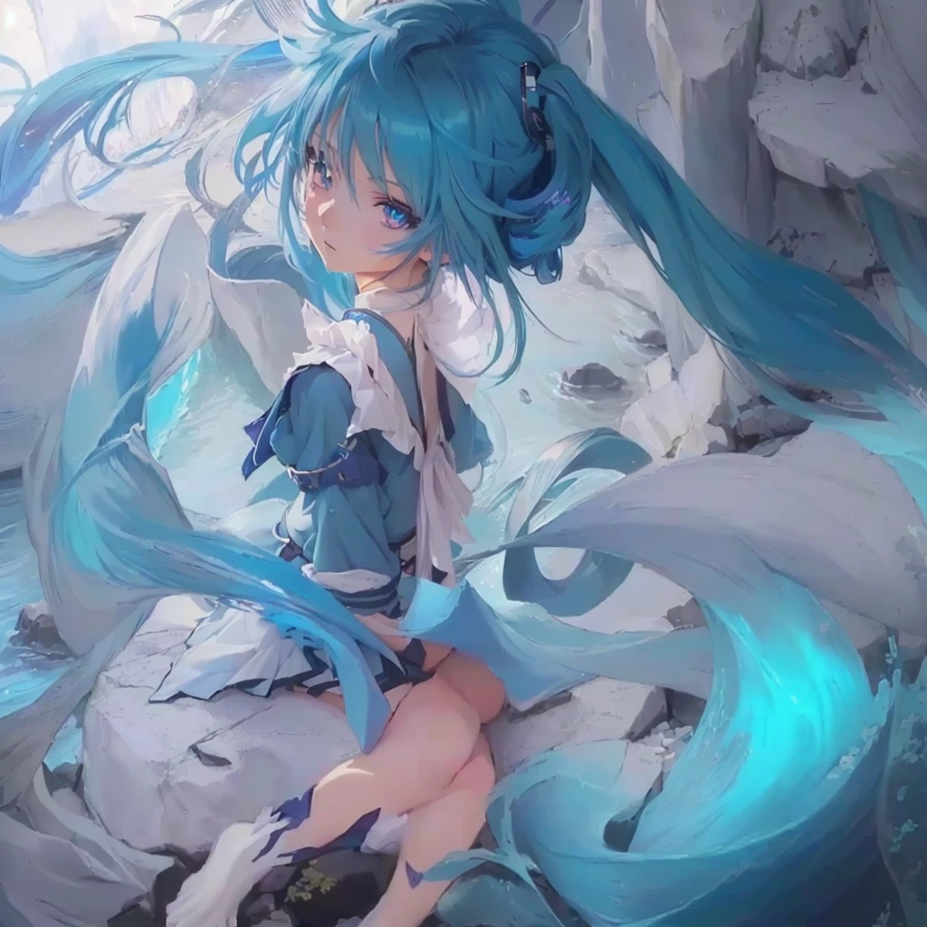 Anime girl with blue hair and blue eyes sitting on a rock, anime art wallpaper 4k, anime art wallpaper 4k, Anime Style 4k, Anime Art Wallpapers 8K, Digital art on Pixiv, 4k anime wallpaper, High-resolution anime art, Beautiful anime artwork, Ultra HD Anime Wallpaper, Miku, anime wallpaper 4k, anime wallpaper 4k