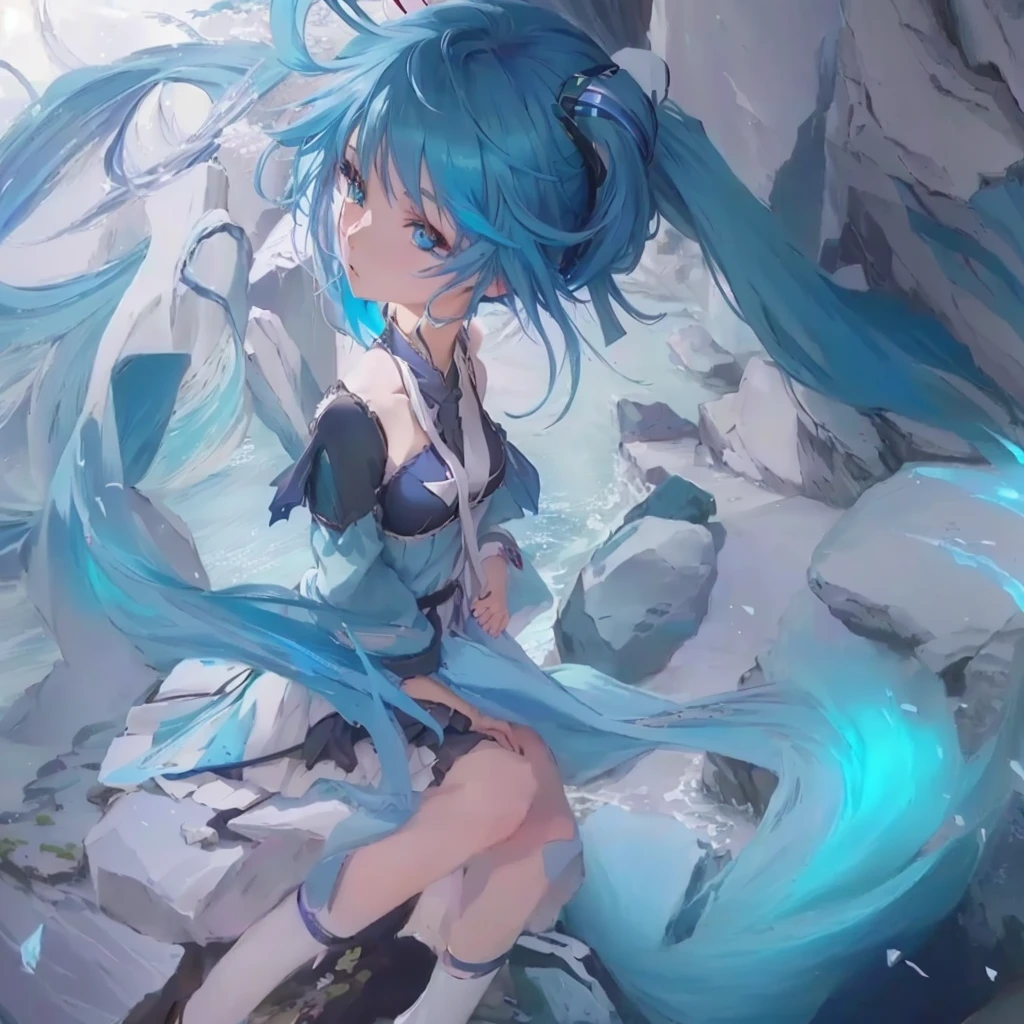 Anime girl with blue hair and blue eyes sitting on a rock, anime art wallpaper 4k, anime art wallpaper 4k, Anime Style 4k, Anime Art Wallpapers 8K, Digital art on Pixiv, 4k anime wallpaper, High-resolution anime art, Beautiful anime artwork, Ultra HD Anime Wallpaper, Miku, anime wallpaper 4k, anime wallpaper 4k