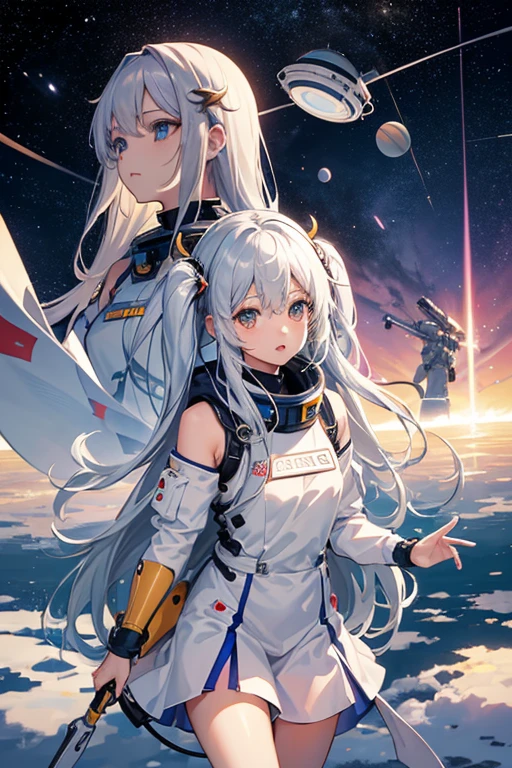 masterpiece, Highest quality, High resolution，Follow the on-screen instructions、Anime Style、Follow the prompts、One Girl、Long silver hair、、universe space、Confused、Spacesuit、Spacewalk、Reaching out to the earth、Adrift in Space、A glimpse of panties
