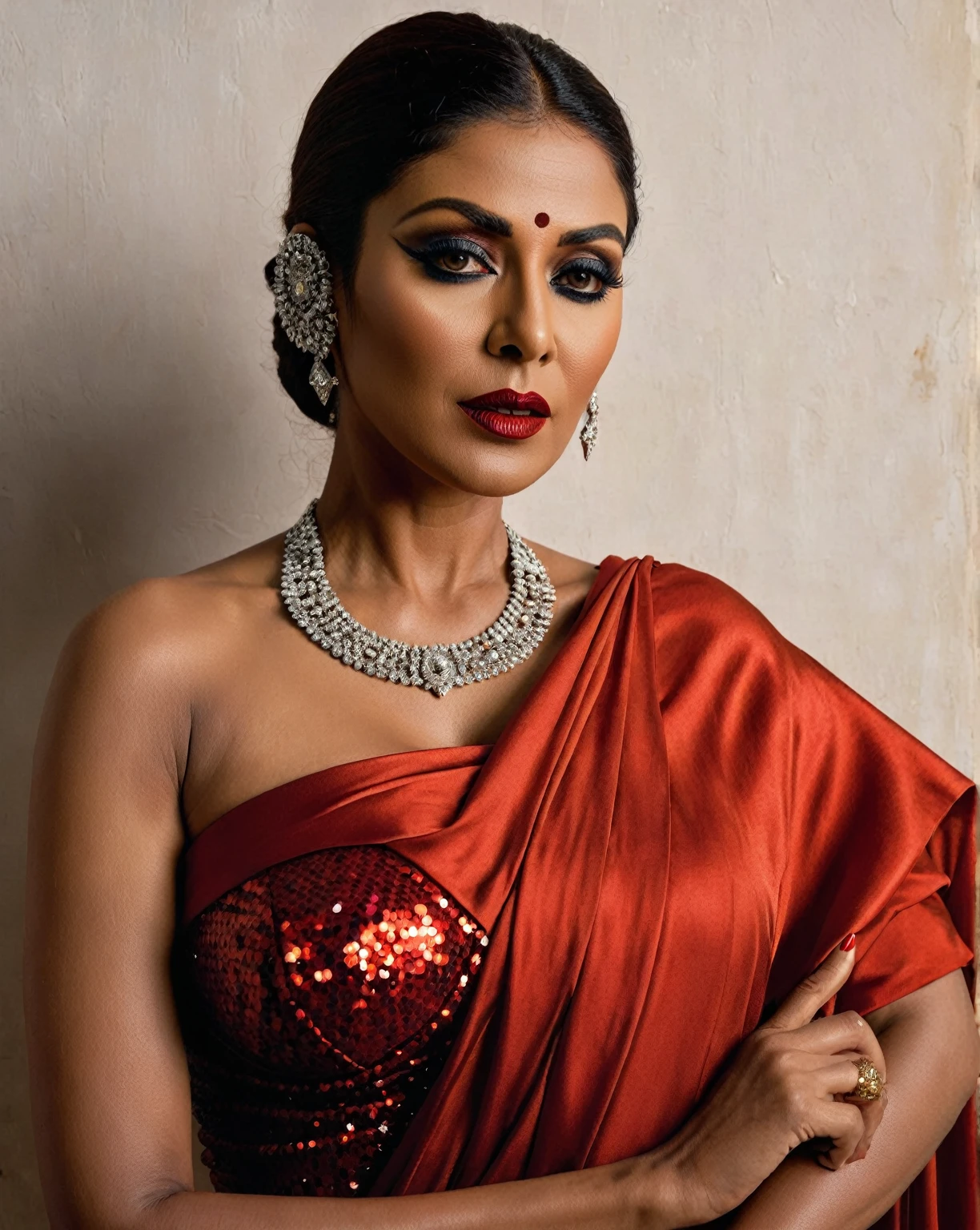 Looks like Nayanthara, milf, cougar lady witch, horny Gothic milf, 50 years old gorgeous mature lady, pervert demoness, demoness of lust, curvy, black lips, horny face, extremely gorgeous, thick figure, heavy physique, voluptuous, curvy, sexy figure, Fashionable portrait of androgynous alien looking witch wearing veil, glowing eyes, futuristic design, minimal details, givenchy, photoreal, 200mm, hd, f/ 2.0, highly detailed, surreal, sexy beautiful evil woman, sexy bold sequin Saree with strapless Bra, chudail, Pishachini, horror genre, blood-thirsty enchantress, powerful female spirit, eerie, drop dead, in the style of red and blue, (intricate details, hyperdetailed:1.15) (skin texture:1.2), dark Moody tone, cinematic lighting, haunted place in background,