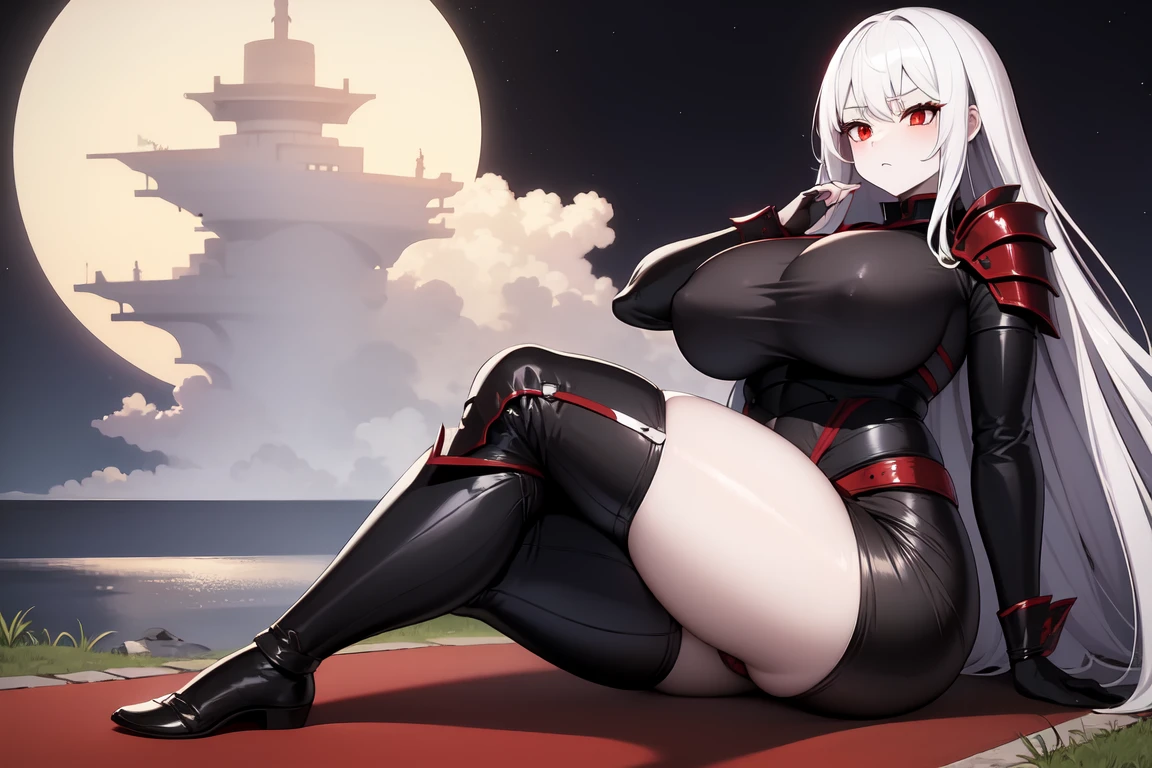 1girl, white hairs, red eyes, vampire, black adventurer armor, lake, night, campfire, sitting on ground, massive breasts, long hair, fluffy hair, pale skin, wide hips, massive hips