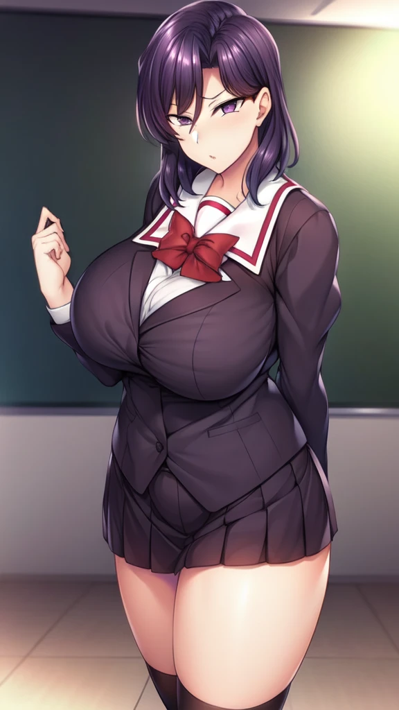 widen eyes, cowboyshot, mature woman, thick body, 1girl, short hair, purple hair, constricted eyes, solo, purple eyes, wide hips, school_uniform, white shirt, red_bowtie,:0, medium skirt, pleated_skirt, black_skirt, black_socks, black_hair, huge_breasts, hair_ribbon, , standing, surprised , , portrait, classroom, looking_at_viewer,
