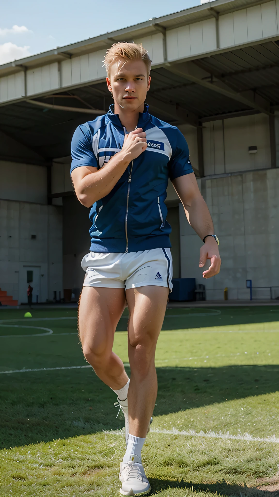 blond geogian man, short hair, doing a workout on the sports ground, wearing sport suit