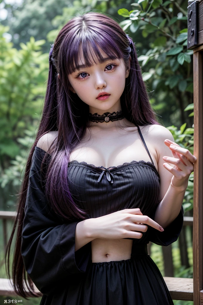 masterpiece, Highest quality, Absurd, Perfect Anatomy, One girl, alone, Fernfrielen, Very long hair, Purple eyes, (Purple Eyes), Black Lingerie, Large Breasts, Outdoor, forest,Gravure idol pose