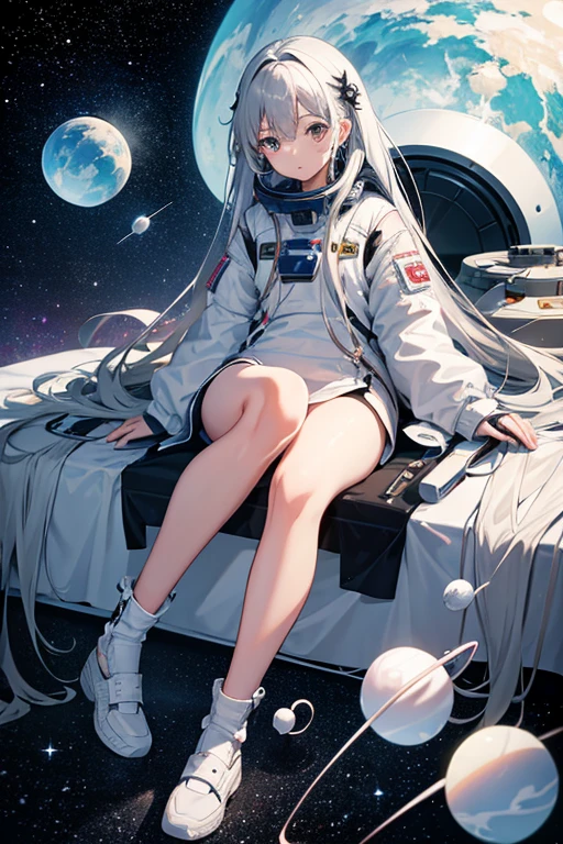 masterpiece, Highest quality, High resolution，Follow the on-screen instructions、Anime Style、Follow the prompts、One Girl、Long silver hair、、universe space、Confused、Spacesuit、Spacewalk、Reaching out to the earth、Adrift in Space、A glimpse of panties