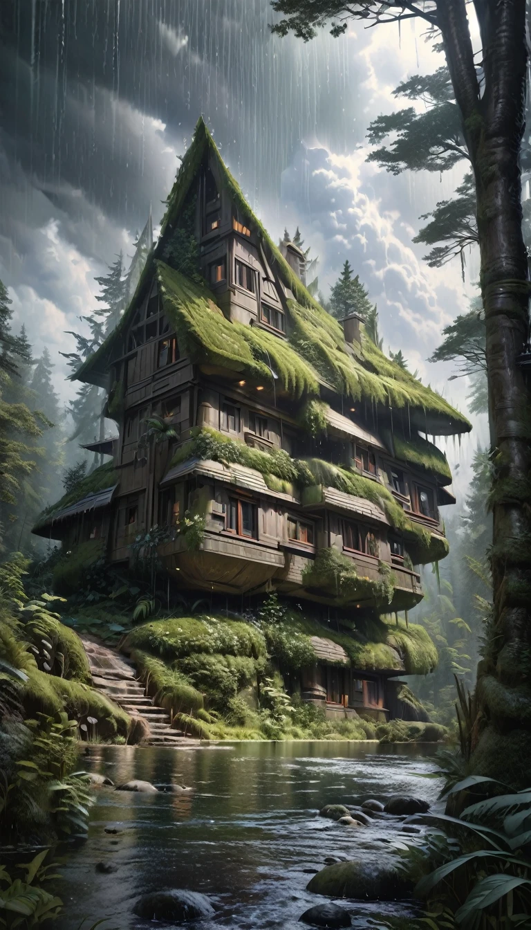 a fantastic futuristic stone house in a forest whit a lake,rain, (best quality,4k,8k,highres,masterpiece:1.2),ultra-detailed,(realistic,photorealistic,photo-realistic:1.37),magical,dark moody colors,dramatic lighting,dramatic clouds,intricate details,highly detailed stone texture,lush overgrown forest,heavy rain,dynamic composition,dramatic shadows,Bill Sienkiewicz style
