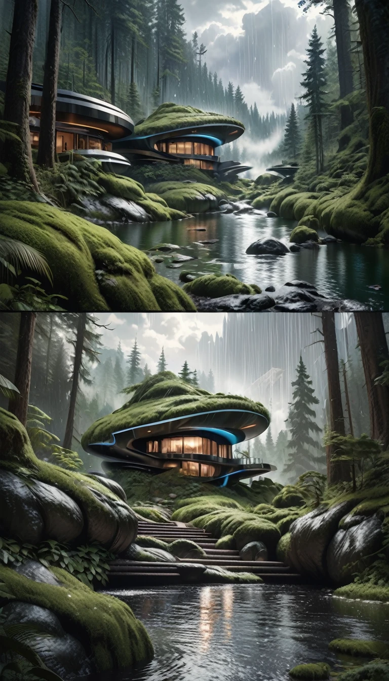 a fantastic futuristic stone house in a forest whit a lake,rain, (best quality,4k,8k,highres,masterpiece:1.2),ultra-detailed,(realistic,photorealistic,photo-realistic:1.37),magical,dark moody colors,dramatic lighting,dramatic clouds,intricate details,highly detailed stone texture,lush overgrown forest,heavy rain,dynamic composition,dramatic shadows,Bill Sienkiewicz style
