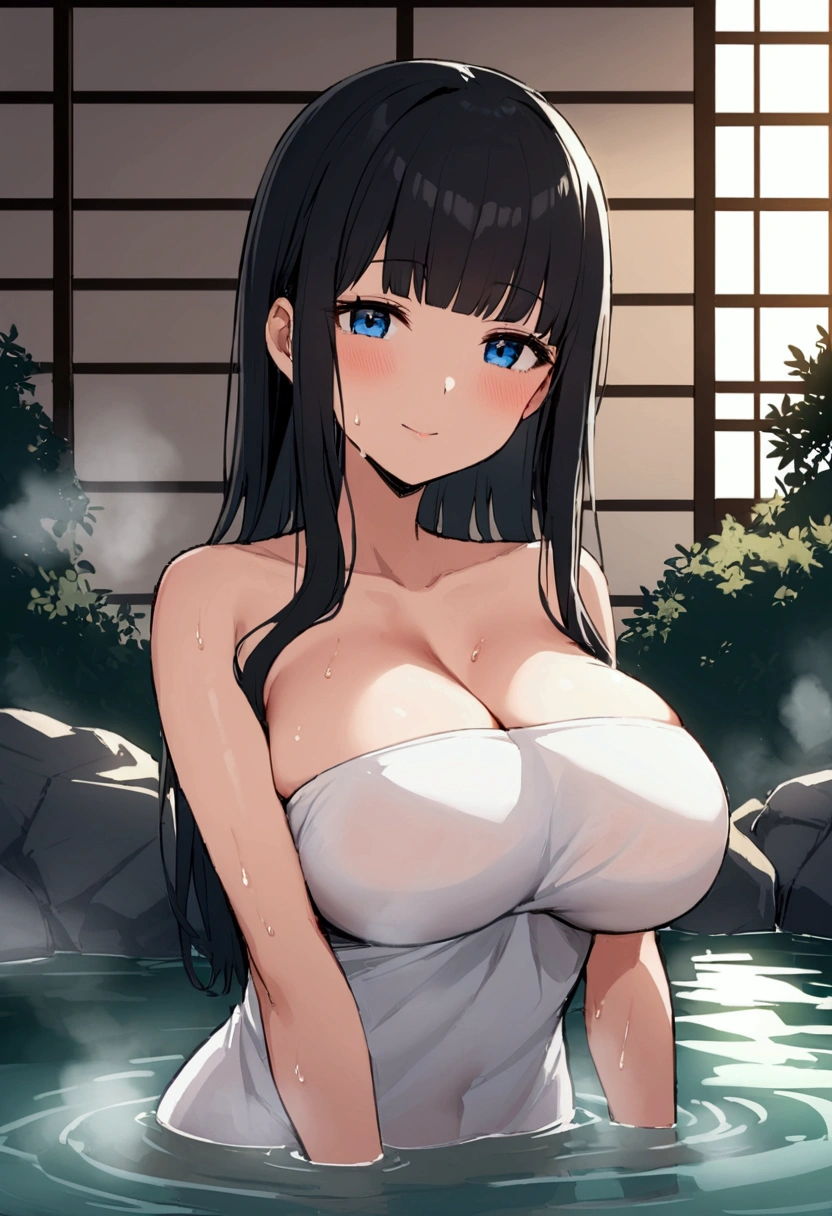 Hime cut with long black hair、Has straight bangs and blue eyes、A girl with big breasts is relaxing in a hot spring。She wrapped a bath towel around her、Immerse yourself in warm water up to your chest。The background features a traditional Japanese hot spring landscape.、Steam rises、Nature is all around。The girl has a calm and satisfied look.。