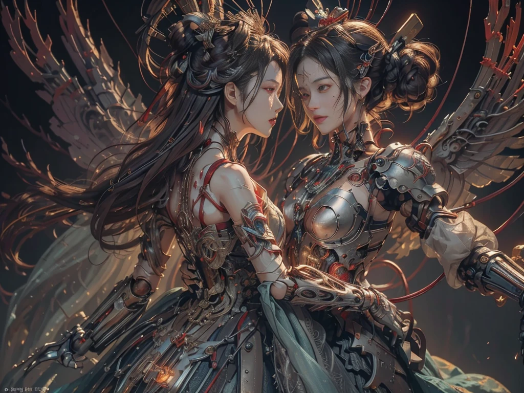 (Masterpiece, Top quality, Best quality, official art, Beautiful and aesthetic:1.2), extreme detailed details, (extreme detailed eyes:1.2), (extreme detailed face:1.2), Colorful, highest details ((Ultra-detailed)), (Highly detailed CG illustration), ((An extremely delicate and beautiful)),(From the side Side),Cinematic light, ((1 mechanical girl)), Solo, full body, (machine made joints:1.2), ((Mechanical limb)), (blood vessels attached to the tube), (Mechanical vertebrae attached to the back), ((mechanical chervil attaching to neck)), Expressionless, (wires and cables attaching to neck:1.2), (wires and cables on head:1.2), Science fiction, (Blood:1.2), dunhuang, big