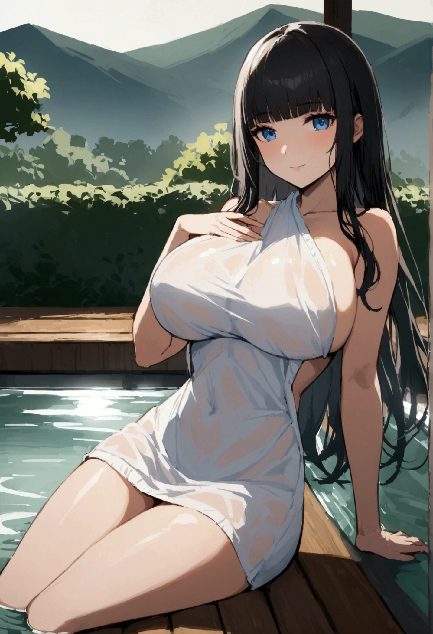 Hime cut with long black hair、Has straight bangs and blue eyes、A girl with big breasts is relaxing in a hot spring。She wrapped a bath towel around her、Immerse yourself in warm water up to your chest。The background features a traditional Japanese hot spring landscape.、Steam rises、Nature is all around。The girl has a calm and satisfied look.。