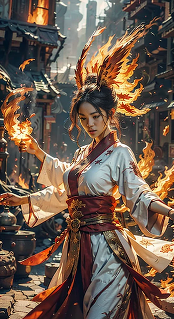 1girll,Flame mage dressed in fiery red(Chinese Hanfu),The robe was embroidered with intricate runes and ornamentudes a burning breath。He was tall and strong,Hands up,Powerful fire spells are being unleashed。His eyes were firm and sharp,A flash of fire flashed in his eyeehind the Flame Mage,(A huge flame phoenix spread its wings and flew:1.2),(The feathers of the phoenix burned with roaring flames),It shines brightly,Its body is surrounded by flamelame feathers danced,Form a spectacular flaming six-pointed star array pattern,Full of mysterious magic,The whole scene is full of fiery aura and passion for fighting,Large areas of flame spells bloomed in the air,A brilliant arc of flame and flying sparks formed,(Flame Mage and Phoenix),It appears majestic and mysterious in the midst of raging fires,Like the embodiment of fire and magic,red hair,high detal,Ultra-realistic realism,Verism,((Bust photo)),(real photograph:1.4),(lightand shade contrast),cinmatic lighting,Realistic special effects,C4D Rendering,rendering by octane,Ray traching,in a panoramic view,angle of view,textureskin,super detailing,hyper HD,tmasterpiece,anatomy correct,best qualtiy,A high resolution,8k
