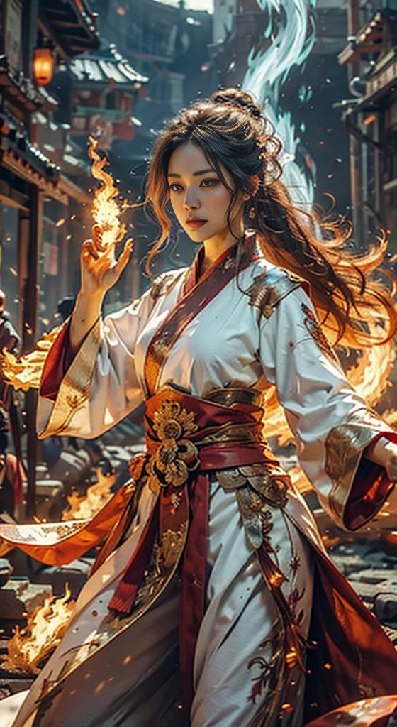 1girll，Flame mage dressed in fiery red（Chinese Hanfu），The robe was embroidered with intricate runes and ornamentudes a burning breath。He was tall and strong，Hands up，Powerful fire spells are being unleashed。His eyes were firm and sharp，A flash of fire flashed in his eyeehind the Flame Mage，（A huge flame phoenix spread its wings and flew：1.2），（The feathers of the phoenix burned with roaring flames），It shines brightly，Its body is surrounded by flamelame feathers danced，Form a spectacular flaming six-pointed star array pattern，Full of mysterious magic，The whole scene is full of fiery aura and passion for fighting，Large areas of flame spells bloomed in the air，A brilliant arc of flame and flying sparks formed，（Flame Mage and Phoenix），It appears majestic and mysterious in the midst of raging fires，Like the embodiment of fire and magic，red hair，high detal，Ultra-realistic realism，Verism，（（Bust photo）），（real photograph：1.4），（lightand shade contrast），cinmatic lighting，Realistic special effects，C4D Rendering，rendering by octane，Ray traching，in a panoramic view，angle of view，textureskin，super detailing，hyper HD，tmasterpiece，anatomy correct，best qualtiy，A high resolution，8k