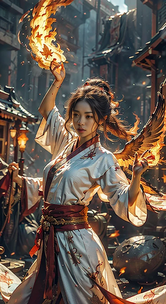 1girll，Flame mage dressed in fiery red（Chinese Hanfu），The robe was embroidered with intricate runes and ornamentudes a burning breath。He was tall and strong，Hands up，Powerful fire spells are being unleashed。His eyes were firm and sharp，A flash of fire flashed in his eyeehind the Flame Mage，（A huge flame phoenix spread its wings and flew：1.2），（The feathers of the phoenix burned with roaring flames），It shines brightly，Its body is surrounded by flamelame feathers danced，Form a spectacular flaming six-pointed star array pattern，Full of mysterious magic，The whole scene is full of fiery aura and passion for fighting，Large areas of flame spells bloomed in the air，A brilliant arc of flame and flying sparks formed，（Flame Mage and Phoenix），It appears majestic and mysterious in the midst of raging fires，Like the embodiment of fire and magic，red hair，high detal，Ultra-realistic realism，Verism，（（Bust photo）），（real photograph：1.4），（lightand shade contrast），cinmatic lighting，Realistic special effects，C4D Rendering，rendering by octane，Ray traching，in a panoramic view，angle of view，textureskin，super detailing，hyper HD，tmasterpiece，anatomy correct，best qualtiy，A high resolution，8k