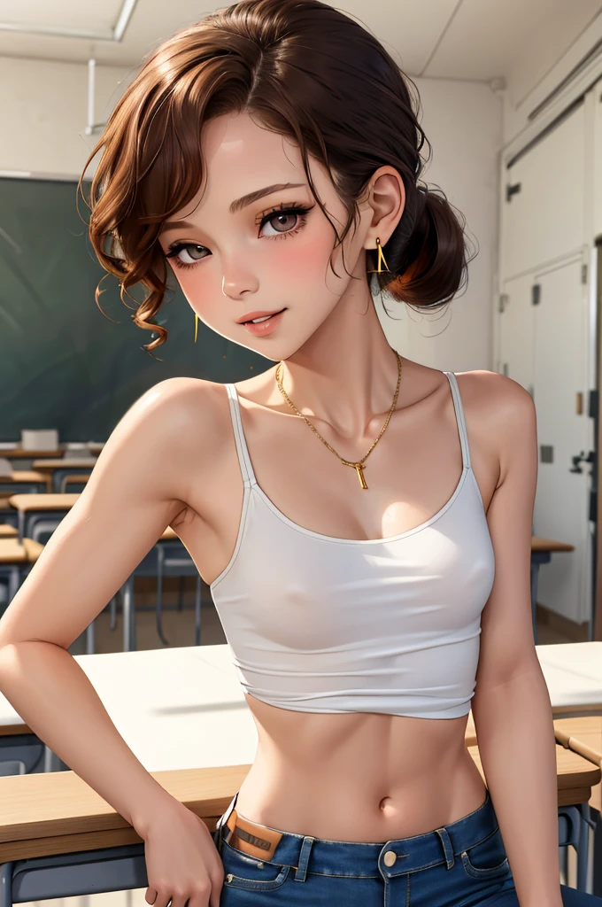 (masterpiece, best quality), 1girl, solo, brown hair, curly hair, small breasts, pale skin, long eyelashes, sitting, upper body, looking at viewer, elbow rest, parted lips, seductive smile, sexually suggestive, cleavage, mascara, necklace, bangle, earrings, teacher, milf, 26 year old mature woman, slender woman, tshirt, teacher, tight jeans, classroom, white boardhair tied back in loose ponytail, tiny , leaning over desk, eyes half closed, tanktop, squiting,