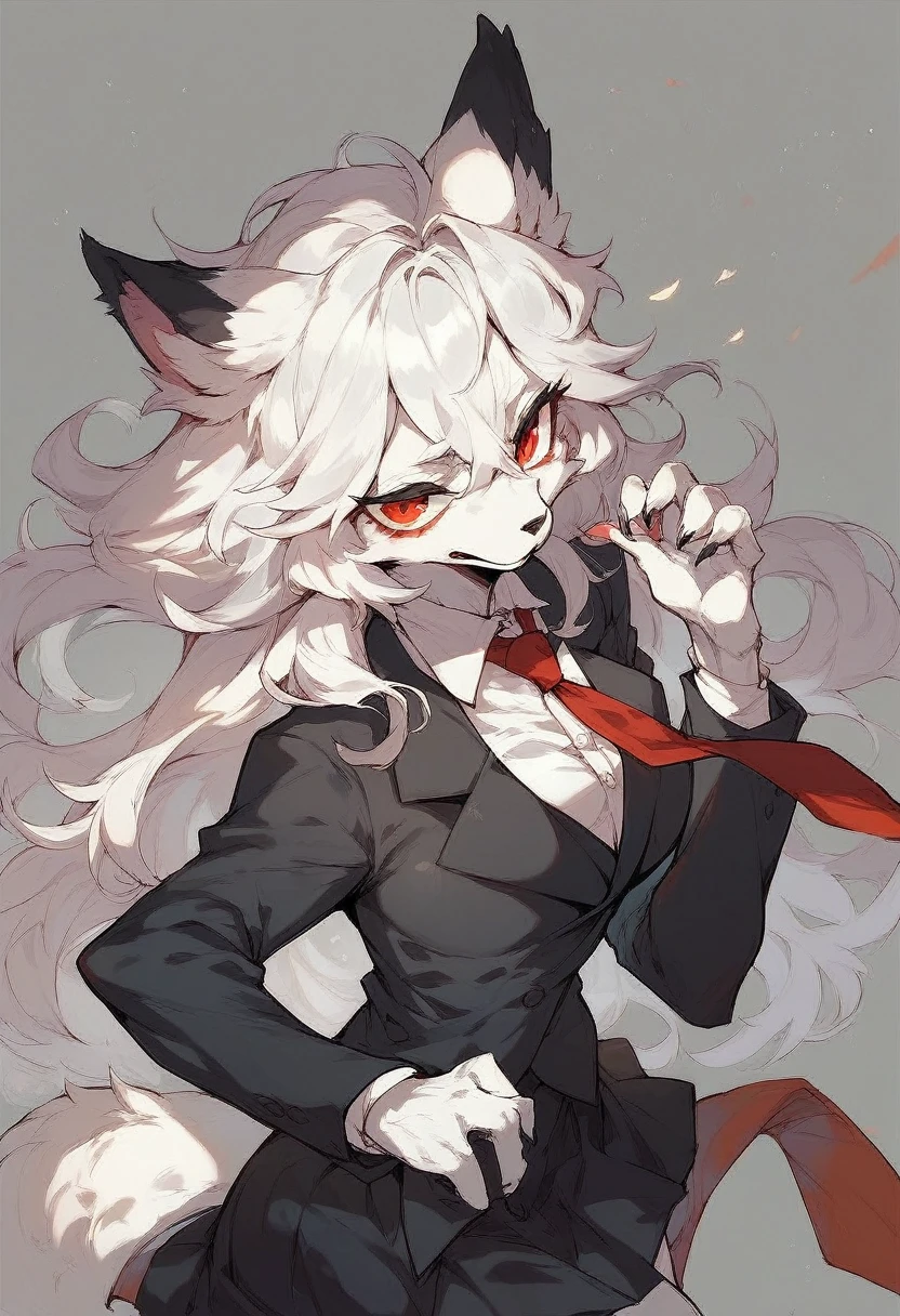 Furry wolf girl with white hair, black ears, white skin, red eyes, red tie, black suit and black skirt