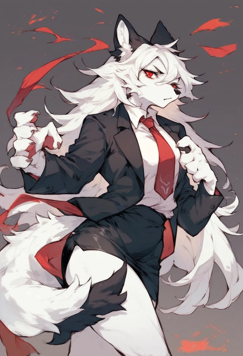 Furry wolf girl with white hair, black ears, white skin, red eyes, red tie, black suit and black skirt