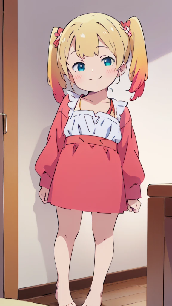 ((masterpiece))((Highest quality))girl、smile、blush、Flat Chest、Are thin、Blonde Hair、blush、Are standing、Whole body image、Eye level to the feet、front、No background、真frontのアングル、Blue clothes、Red and yellow two-tone hair、Twin tails、Red Alice outfit