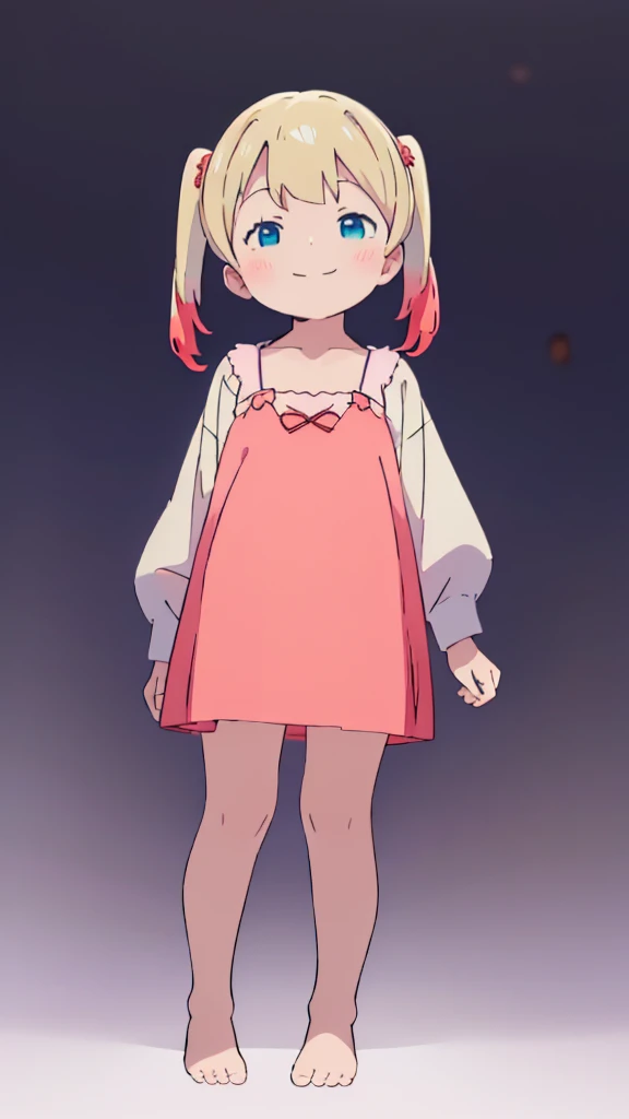 ((masterpiece))((Highest quality))girl、smile、blush、Flat Chest、Are thin、Blonde Hair、blush、Are standing、Whole body image、Eye level to the feet、front、No background、真frontのアングル、Blue clothes、Red and yellow two-tone hair、Twin tails、Red Alice outfit