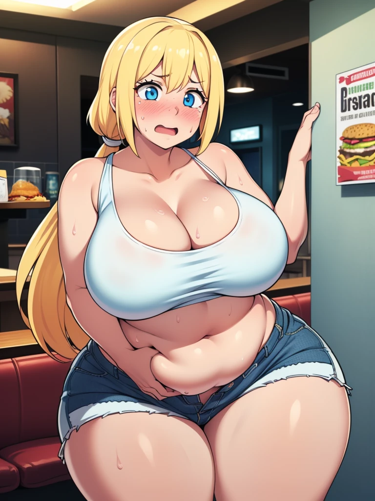 ((highres)), Masterpiece, high quality, best quality, beautiful, perfect lighting, detailed face, ultra cute face, ((1girl)), ((solo)), ((blush)), embarrassed, long fluffy blonde hair, pony tail, blue eyes, sweat, heavy breathing, crop top and shorts, fast food restaurant, cleavage, large breasts, ((wide hips)), (thick thighs), (chubby), ((belly grab)),