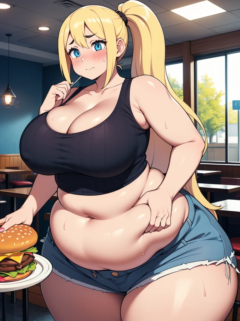 ((highres)), Masterpiece, high quality, best quality, beautiful, perfect lighting, detailed face, ultra cute face, ((1girl)), ((solo)), ((blush)), embarrassed, long fluffy blonde hair, pony tail, blue eyes, sweat, heavy breathing, crop top and shorts, fast food restaurant, cleavage, large breasts, ((wide hips)), (thick thighs), (chubby), ((belly grab)),