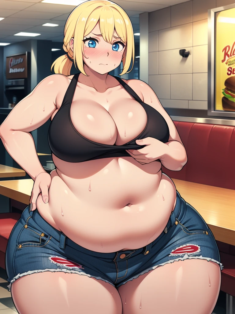 ((highres)), Masterpiece, high quality, best quality, beautiful, perfect lighting, detailed face, ultra cute face, ((1girl)), ((solo)), ((blush)), embarrassed, long fluffy blonde hair, pony tail, blue eyes, sweat, heavy breathing, crop top and shorts, fast food restaurant, cleavage, large breasts, ((wide hips)), (thick thighs), (chubby), ((belly grab)),
