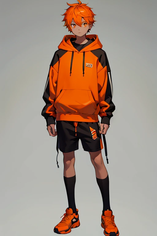 A full body drawing of a boy in an orange sweatshirt, orange eyes, with white shorts. Under the hoodie he has a black full body suit.