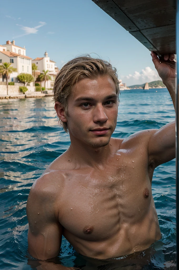 blond geogian man, short hair, swimming in the sea