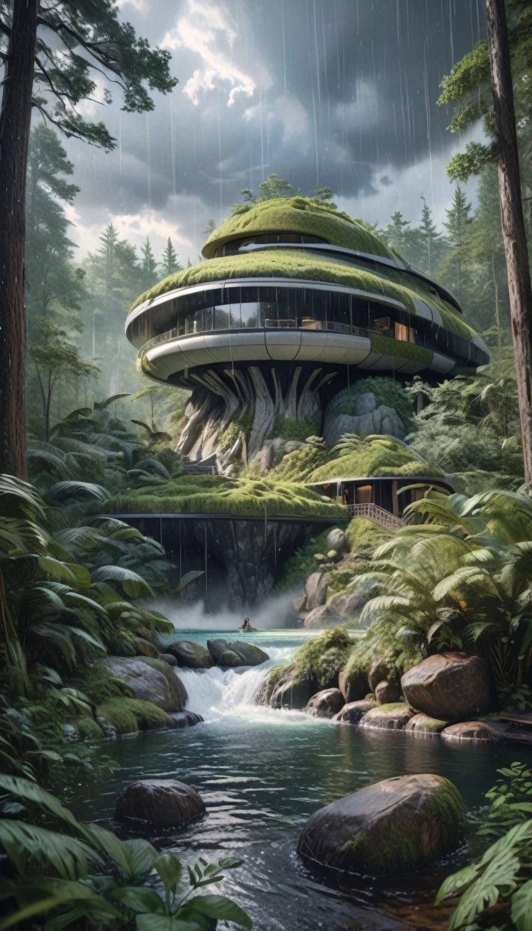 a fantastic futuristic stone house in a forest whit a lake,rain, (best quality,4k,8k,highres,masterpiece:1.2),ultra-detailed,(realistic,photorealistic,photo-realistic:1.37),magical,dark moody colors,dramatic lighting,dramatic clouds,intricate details,highly detailed stone texture,lush overgrown forest,heavy rain,dynamic composition,dramatic shadows,Bill Sienkiewicz style