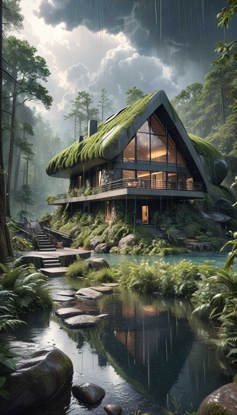 a fantastic futuristic stone house in a forest whit a lake,rain, (best quality,4k,8k,highres,masterpiece:1.2),ultra-detailed,(realistic,photorealistic,photo-realistic:1.37),magical,dark moody colors,dramatic lighting,dramatic clouds,intricate details,highly detailed stone texture,lush overgrown forest,heavy rain,dynamic composition,dramatic shadows,Bill Sienkiewicz style