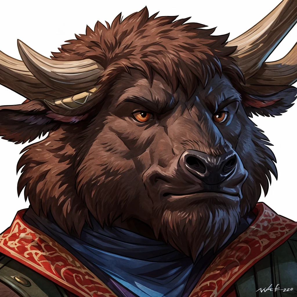 anthro ((male)) bison, ((bison)) 4k, high resolution, best quality, posted on e621, solo, anthro body, male, adult, correct anatomy, (white background), (by wfa:1), (by Taran Fiddler:0.5), young, (cel shaded, cartoony shading:1.2), black lineart, black outline, flat coloring, (strong shadows, dark shadows:1.2), dynamic pose, ((face close up)), (portrait)