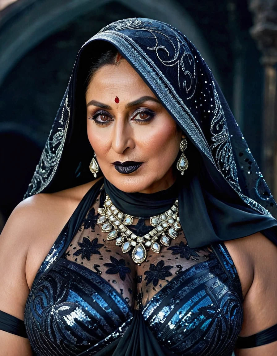 Looks like Kareena Kapoor khan, Big chubby aunty, milf, cougar lady witch, horny Gothic milf, 70 years old gorgeous mature lady, pervert demoness, demoness of lust, curvy, black lips, horny face, extremely gorgeous, thick figure, heavy physique, voluptuous, curvy, sexy figure, Fashionable portrait of androgynous alien looking witch wearing veil, glowing eyes, futuristic design, minimal details, givenchy, photoreal, 200mm, hd, f/ 2.0, highly detailed, surreal, sexy beautiful evil woman, sexy bold sequin Saree with strapless Bra, chudail, Pishachini, horror genre, blood-thirsty enchantress, powerful female spirit, eerie, drop dead, in the style of red and blue, (intricate details, hyperdetailed:1.15) (skin texture:1.2), dark Moody tone, cinematic lighting, haunted place in background,