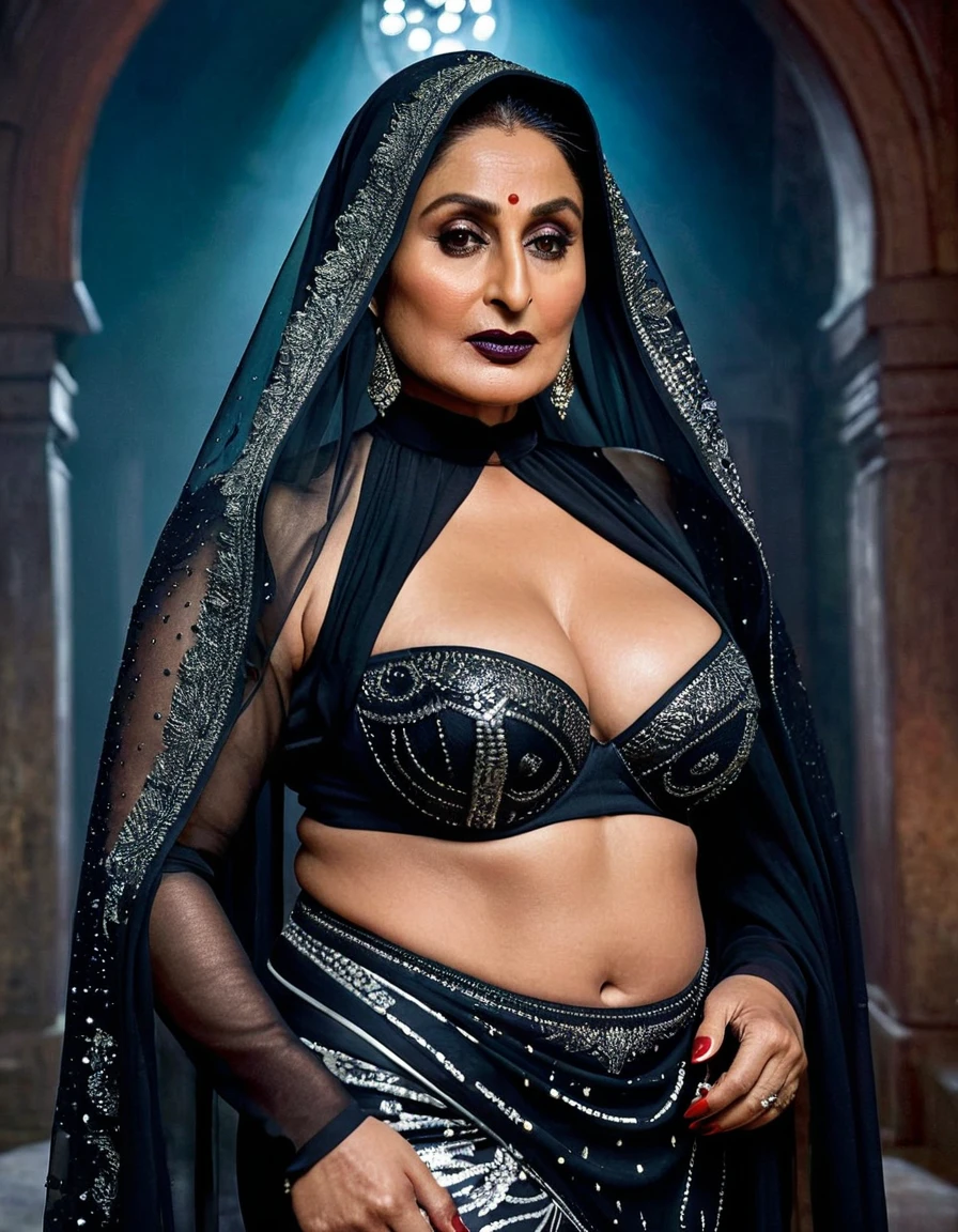 Looks like Kareena Kapoor khan, Big chubby aunty, milf, cougar lady witch, horny Gothic milf, 70 years old gorgeous mature lady, pervert demoness, demoness of lust, curvy, black lips, horny face, extremely gorgeous, thick figure, heavy physique, voluptuous, curvy, sexy figure, Fashionable portrait of androgynous alien looking witch wearing veil, glowing eyes, futuristic design, minimal details, givenchy, photoreal, 200mm, hd, f/ 2.0, highly detailed, surreal, sexy beautiful evil woman, sexy bold sequin Saree with strapless Bra, chudail, Pishachini, horror genre, blood-thirsty enchantress, powerful female spirit, eerie, drop dead, in the style of red and blue, (intricate details, hyperdetailed:1.15) (skin texture:1.2), dark Moody tone, cinematic lighting, haunted place in background,
