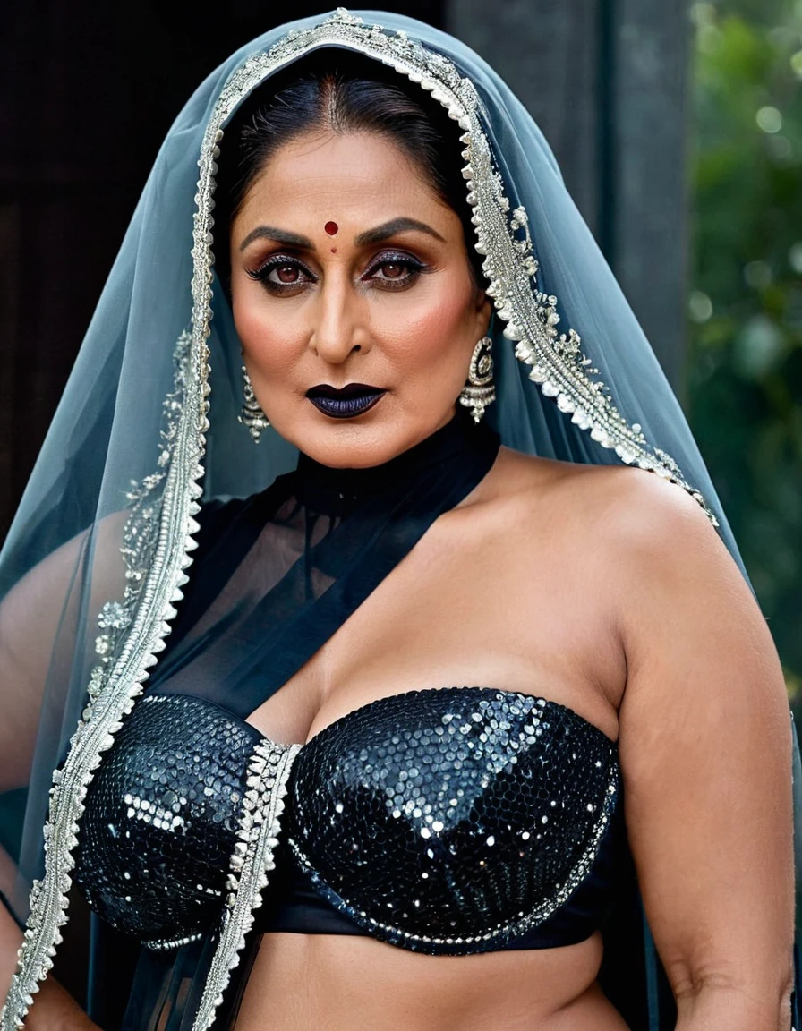 Looks like Kareena Kapoor khan, Big chubby aunty, milf, cougar lady witch, horny Gothic milf, 70 years old gorgeous mature lady, pervert demoness, demoness of lust, curvy, black lips, horny face, extremely gorgeous, thick figure, heavy physique, voluptuous, curvy, sexy figure, Fashionable portrait of androgynous alien looking witch wearing veil, glowing eyes, futuristic design, minimal details, givenchy, photoreal, 200mm, hd, f/ 2.0, highly detailed, surreal, sexy beautiful evil woman, sexy bold sequin Saree with strapless Bra, chudail, Pishachini, horror genre, blood-thirsty enchantress, powerful female spirit, eerie, drop dead, in the style of red and blue, (intricate details, hyperdetailed:1.15) (skin texture:1.2), dark Moody tone, cinematic lighting, haunted place in background,