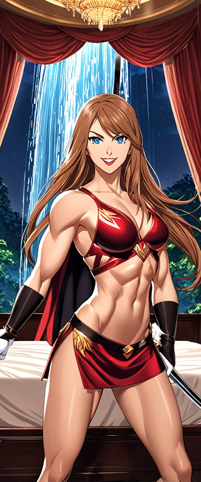 1girl, walking proudly, marta lualdi, blue eyes, brown hair, long hair, hair ornament, hair between eyes, dress, detached sleeves, white silk gloves, miniskirt, black thighhighs, fallen hero cape, winged, sword in its sheath behind her back, divine weapon behind herself, abs, very strong, agile, fit, muscles, flat chest, muscular, (steroid:0.6), female bodybuilder, powerful, godly, classy, modesty, glamourous, dominant, arrogant, proud, confident, mean, super tall, smirking, fangs, lipstick, eye shadow, blush, makeup, looking at viewer, (from below:0.7), Honeymoon bed with curtains underneath a waterfall, dark night, extremely detailed, high quality, high resolution face, score_9, score_8_up, solo,