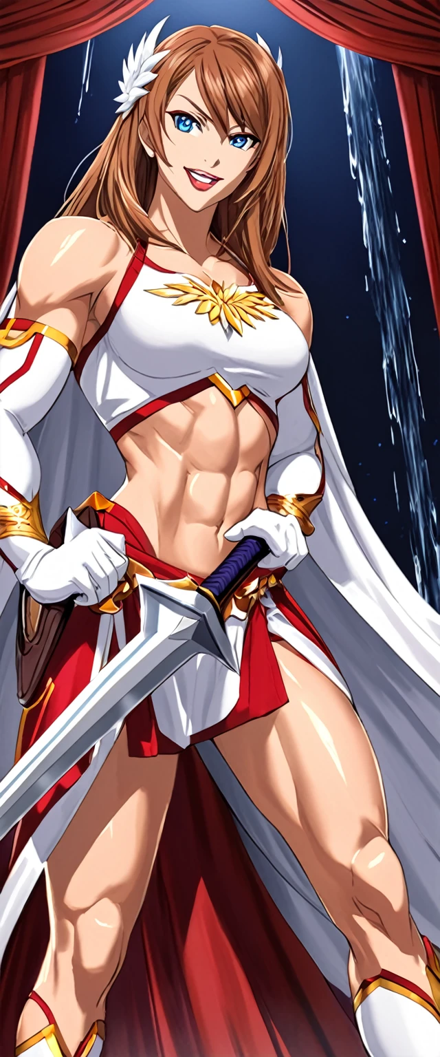 1girl, walking proudly, marta lualdi, blue eyes, brown hair, long hair, hair ornament, hair between eyes, dress, detached sleeves, white silk gloves, miniskirt, black thighhighs, fallen hero cape, winged, sword in its sheath behind her back, divine weapon behind herself, abs, very strong, agile, fit, muscles, flat chest, muscular, (steroid:0.6), female bodybuilder, powerful, godly, classy, modesty, glamourous, dominant, arrogant, proud, confident, mean, super tall, smirking, fangs, lipstick, eye shadow, blush, makeup, looking at viewer, (from below:0.7), Honeymoon bed with curtains underneath a waterfall, dark night, extremely detailed, high quality, high resolution face, score_9, score_8_up, solo,