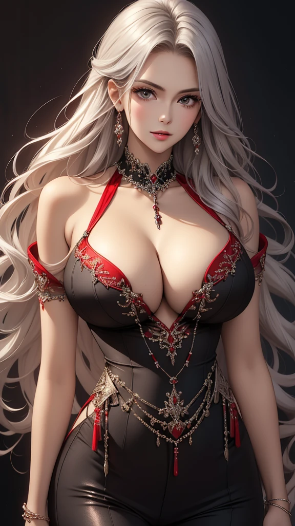 Closeup, Best quality, masterpiece, realistic, Beautiful sexy cool tall, slim, fit woman, wearing fancy silver-red sequin  top and black pants, intricate and highly detailed, cleavage, long silver hair, body chain, jewelry.