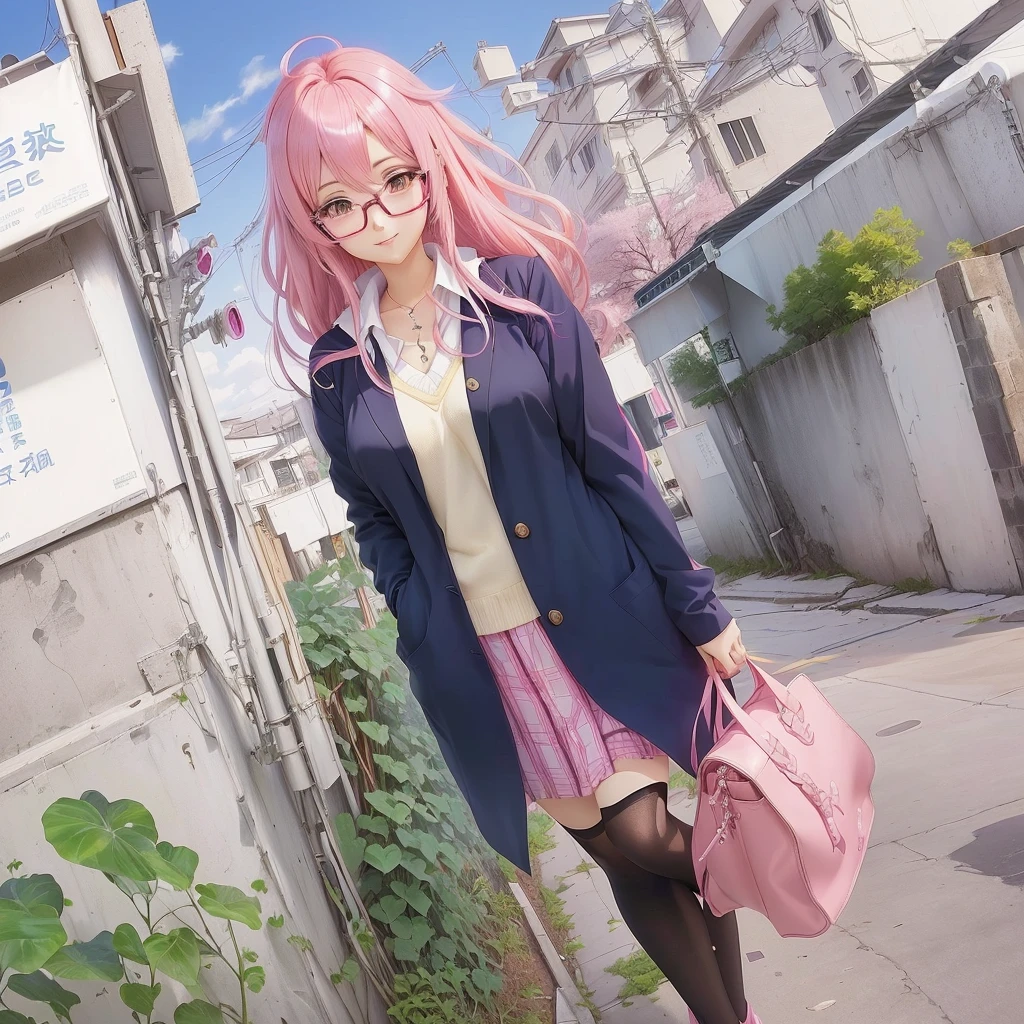 Pink hair and glasses、Anime girl holding a pink bag, Cute girl anime visuals, Smooth anime CG art, Visual Novel CG, Created by Anime Painter Studio, Beautiful anime school girl, Haruno sakura, Painted in an anime artist's studio, Anime Moe Art Style, Kyoto Animation Style, Official Art, Rorish, Best anime 4k konachan wallpaper
