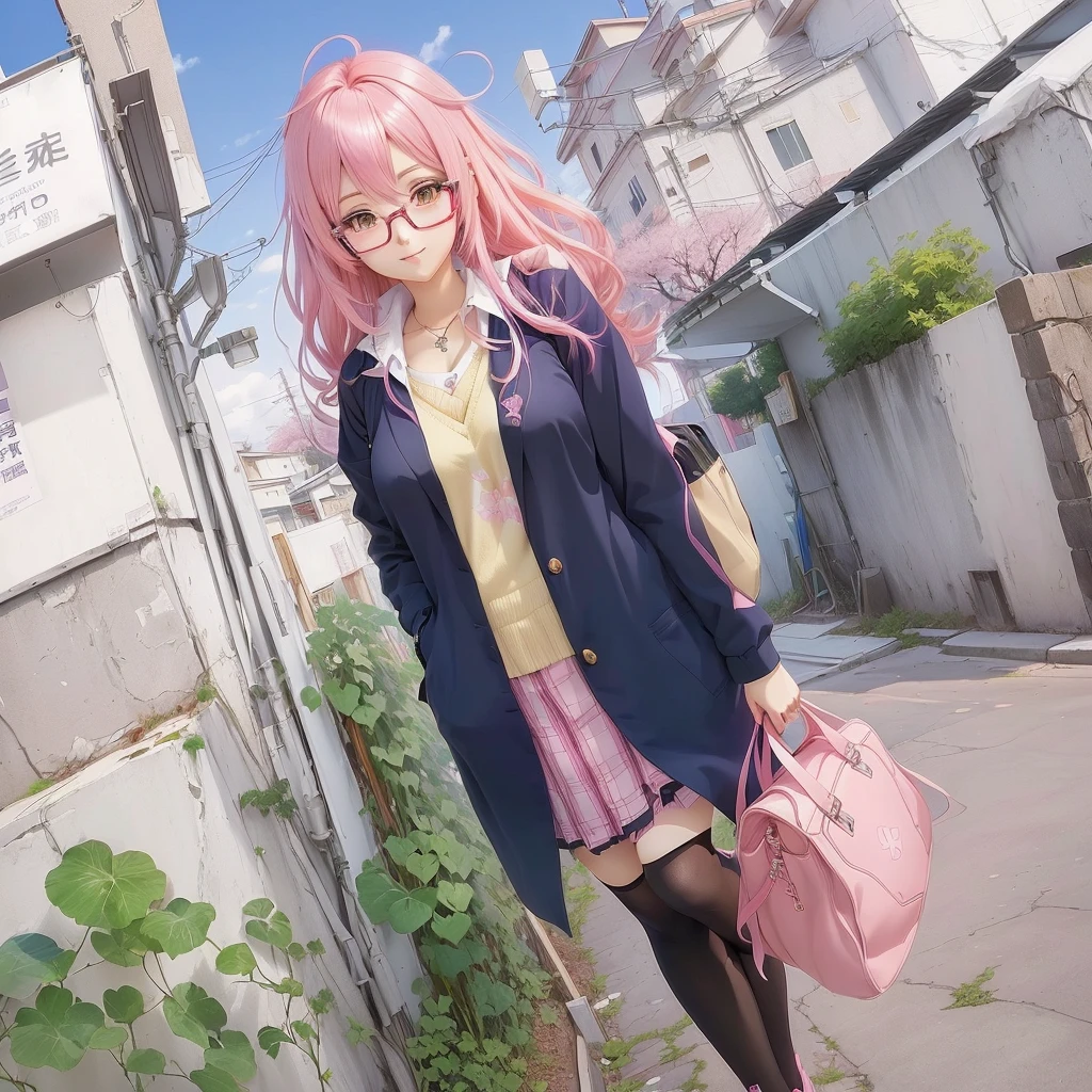 Pink hair and glasses、Anime girl holding a pink bag, Cute girl anime visuals, Smooth anime CG art, Visual Novel CG, Created by Anime Painter Studio, Beautiful anime school girl, Haruno sakura, Painted in an anime artist's studio, Anime Moe Art Style, Kyoto Animation Style, Official Art, Rorish, Best anime 4k konachan wallpaper