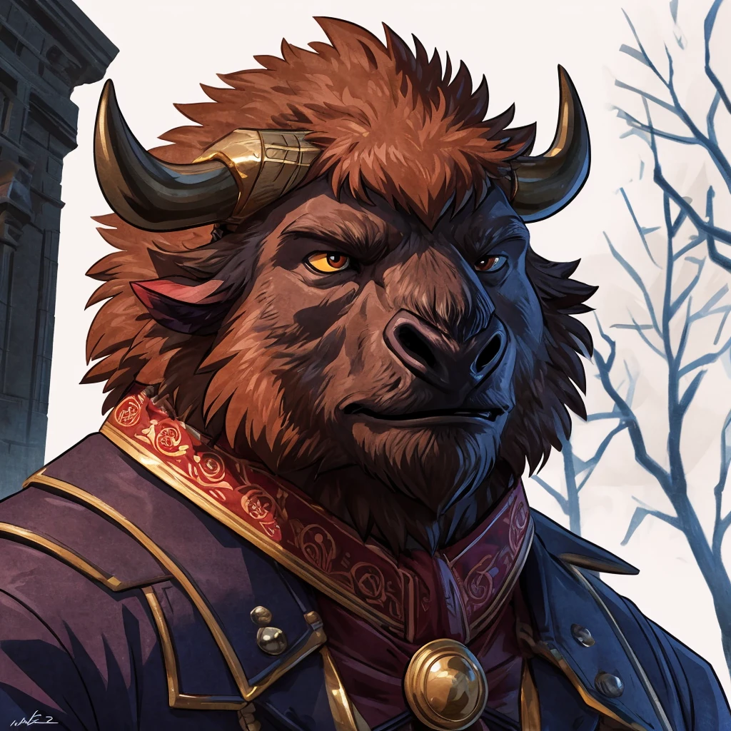 anthro ((male)) bison, ((bison)) 4k, high resolution, best quality, posted on e621, solo, anthro body, male, adult, correct anatomy, (white background), (by wfa:1), (by Taran Fiddler:0.5), young, (cel shaded, cartoony shading:1.2), black lineart, black outline, flat coloring, (strong shadows, dark shadows:1.2), dynamic pose, ((face close up)), (portrait)