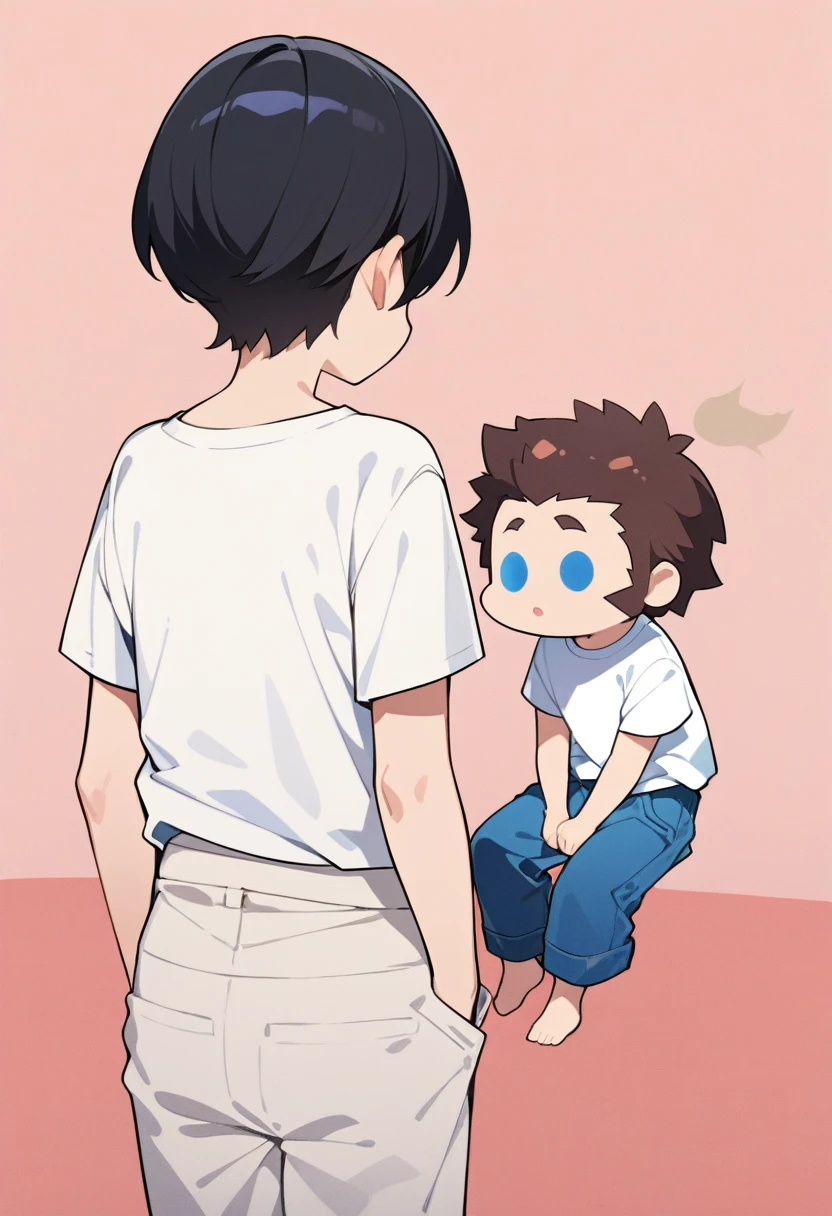masterpiece, best quality, very aesthetic, absurdres, flat anime, 2D, anime taste, anime paint, (2d illustration:1.2), ((chibi)), deformation,
((1boy)),black hair, (short hair:1.5),blue eyes, height 1.7meters, (circle eyes:1.2), (young adult:1.2), Ear-length sideburns, 
 short sleeves White T-shirt, barefoot, ((long pants)), 
stunned, 
((from behind)), upper body, looking away, looking at another,
simple background