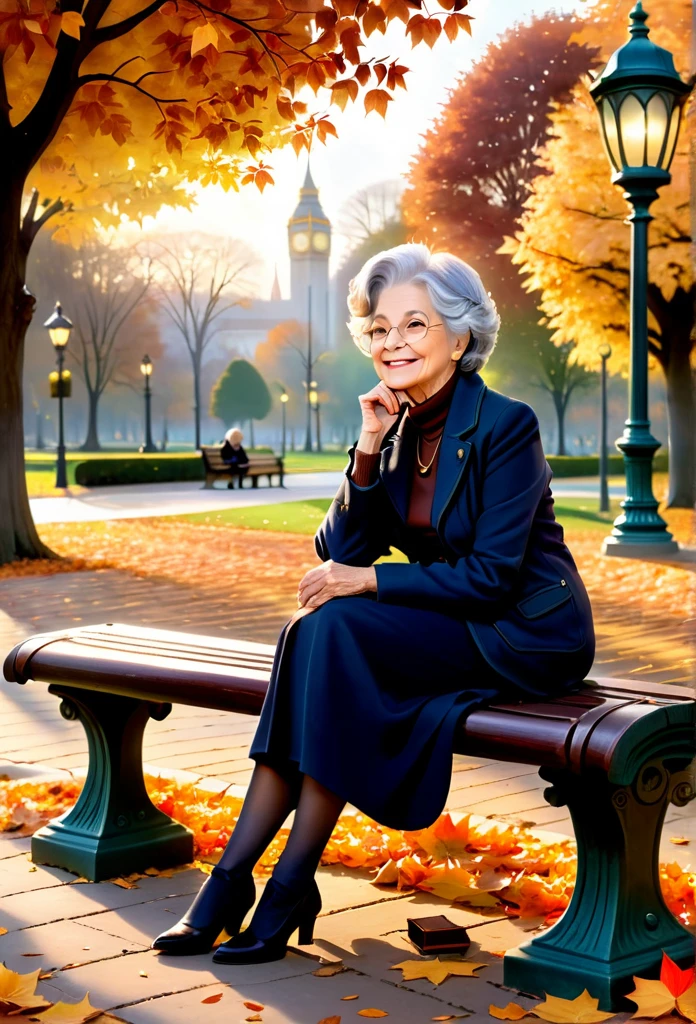 "A sequence of four images, each showing the same beautiful woman next to a clock, symbolizing the passage of time:
elderly: the same mulher, now an elderly lady with gray hair, sits on a park bench, surrounded by fallen autumn leaves. She smiles serenely, with a look of wisdom and peace, while holding an old photo album. The large clock in the background marks the twilight of the day, symbolizing contentment and reflection on a life well lived."