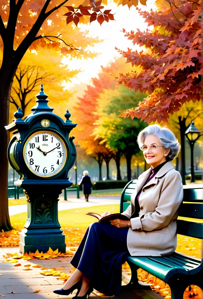 "A sequence of four images, each showing the same beautiful woman next to a clock, symbolizing the passage of time:
 elderly: the same mulher, now an elderly lady with gray hair, sits on a park bench, surrounded by fallen autumn leaves. She smiles serenely, with a look of wisdom and peace, while holding an old photo album. The large clock in the background marks the twilight of the day, symbolizing contentment and reflection on a life well lived."