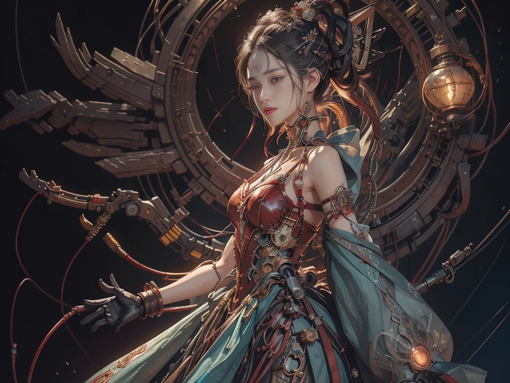 (Masterpiece, Top quality, Best quality, official art, Beautiful and aesthetic:1.2), extreme detailed details, (extreme detailed eyes:1.2), (extreme detailed face:1.2), Colorful, highest details ((Ultra-detailed)), (Highly detailed CG illustration), ((An extremely delicate and beautiful)),(From the side Side),Cinematic light, ((1 mechanical girl)), Solo, full body, (machine made joints:1.2), ((Mechanical limb)), (blood vessels attached to the tube), (Mechanical vertebrae attached to the back), ((mechanical chervil attaching to neck)), Expressionless, (wires and cables attaching to neck:1.2), (wires and cables on head:1.2), Science fiction, (Blood:1.2), dunhuang, big
