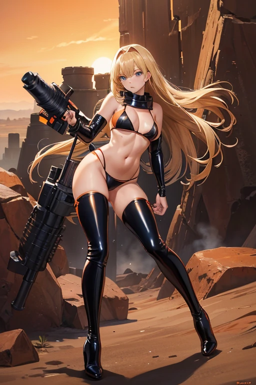 Perfect Anatomy Highest quality,Highest Resolution,(((Dark orange bikini Thigh-high boots latex))) Metal Max 2:Reloaded Mishka Rocket Launcher Blonde long hair Blue Eyes D Cup 20-year-old end of the century desert wilderness athletic Warrior cool