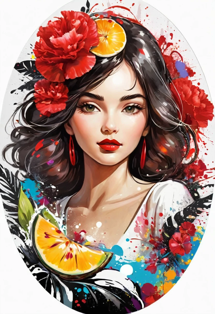 work of art, oval initial art with red carnation flower, downtown, rich and colorful splash art, to tear down, tropical fruits, magical, Stylized abstract portrait of a beautiful girl,Street graffiti, White background