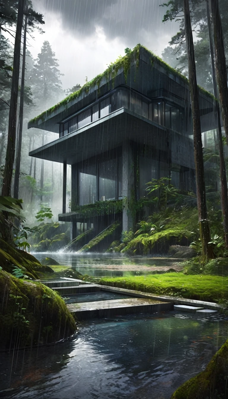 a fantastic futuristic stone house in a forest whit a lake,rain, (best quality,4k,8k,highres,masterpiece:1.2),ultra-detailed,(realistic,photorealistic,photo-realistic:1.37),magical,dark moody colors,dramatic lighting,dramatic clouds,intricate details,highly detailed stone texture,lush overgrown forest,heavy rain,dynamic composition,dramatic shadows,Bill Sienkiewicz style
