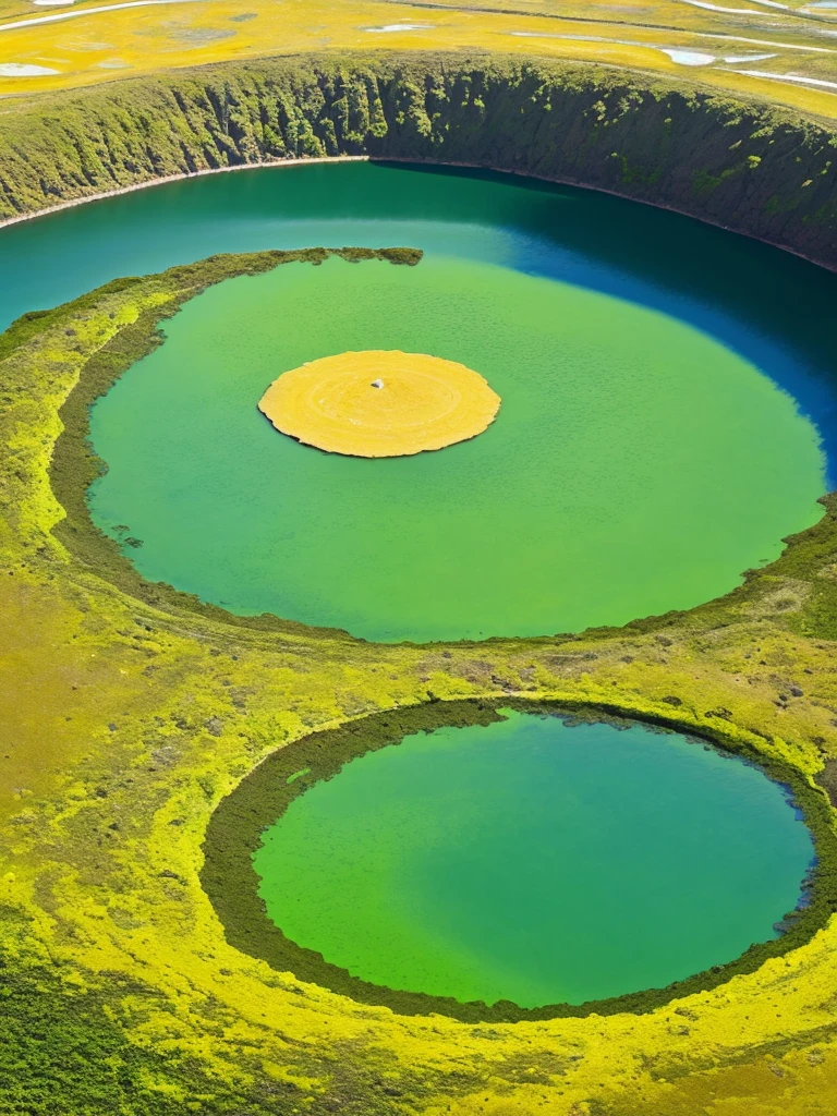 a large crater with a bright green and yellow substance in the middle, a colorized photo by Anish Kapoor, shutterstock, land art, green oozing pool pit, brilliantly colored, amazing colors, breathtaking colors, lake filed with molten gold, amazing colours, warmhole, incredible colors, outworldly colours, beautiful and mysterious, mystical colors, beautiful vibrant colors