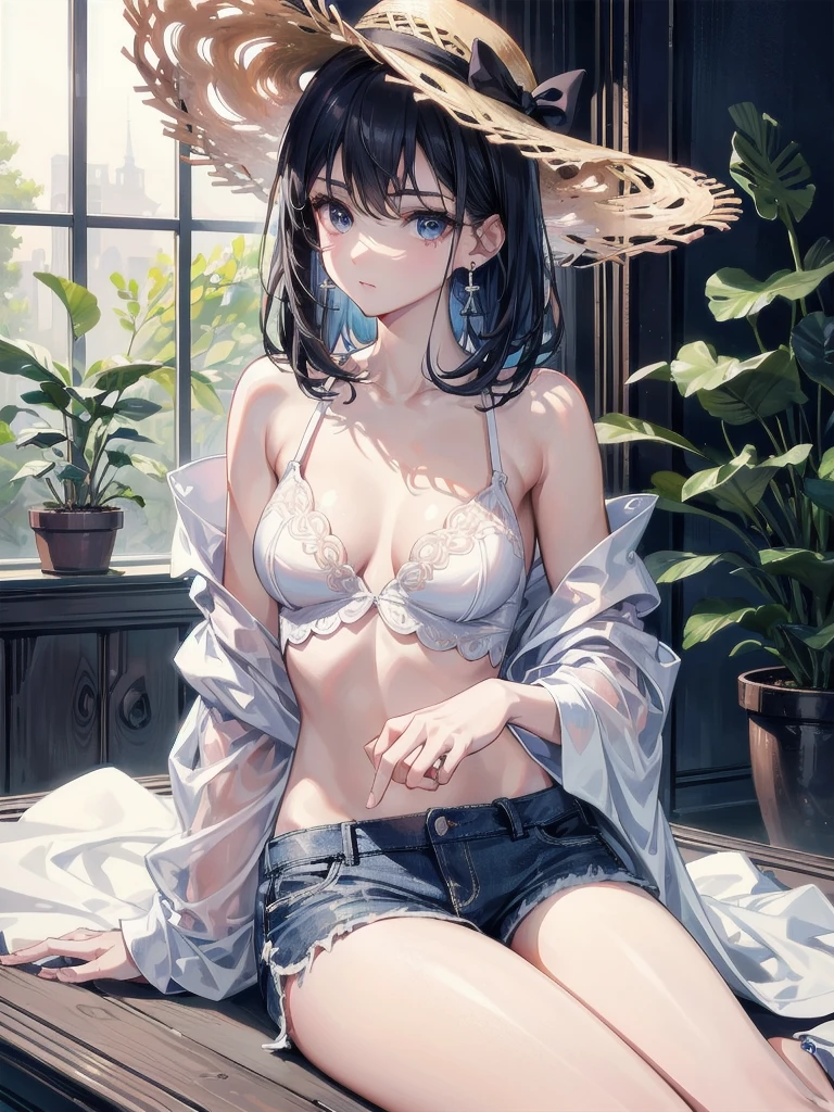 absurdres, RAW photo, extremely delicate and beautiful, masterpiece, Best Quality, ultra high resolution, 32k, hyperrealistic, ultra-detailed, perfect anatomy, super Detailed skin, perfect figure, Super Beauty, Perfect Style, Perfect balance, Beautiful Lighting, Perfect Lightning, Realistic Shadows, 20 years old, very Slim body, narrow waist, very small head, very small face, delicate facial features, handsome detailed woman, very detailed eyes and face, realistic face proportions, Realistic beautiful face, Realistic beautiful eyes, tearful mole, earring, very huge round breasts, legs, medium hair, whole body shot, indoor, casual, blouse, white shirt, bare collarbone, midriff, shorts, straw hat,